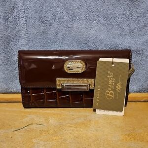 Brangio-Brown Croc-Embossed Patent Leather Clutch with Gold Hardware
